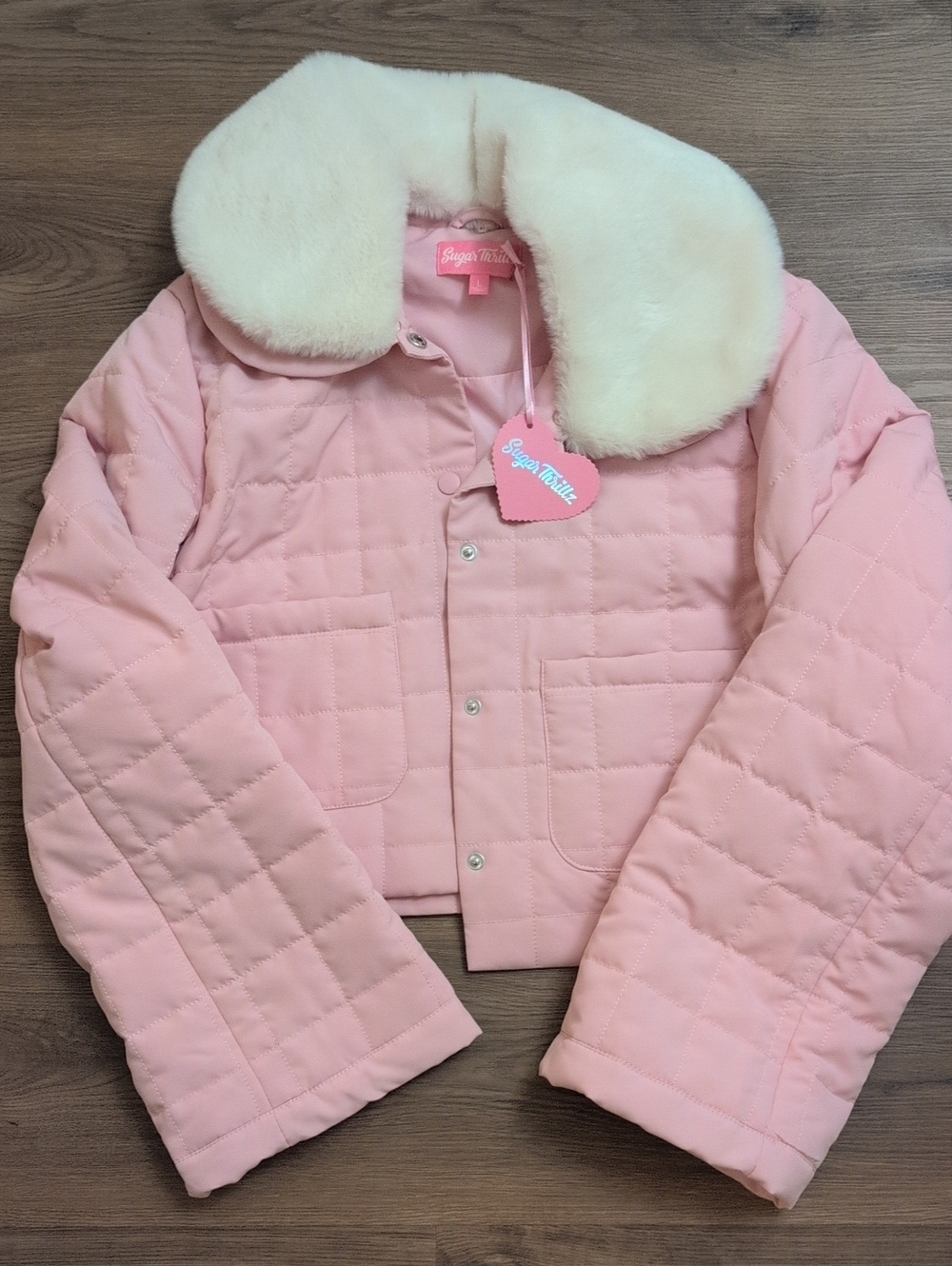 Sugar Thrillz Light Pink Quilted Puffer Jacket with Cream Faux Fur Collar